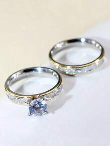 1 Pair Stainless Steel Couple Rings, European & American Fashion Style Frosted Inlaid Wedding Bands, Valentine's Day Gift,Mom,Mother,Mother's Day,Gift - 黃金 - 查看 3