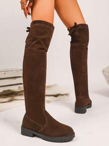 Stivali al ginocchio  nuovi per l'autunno/inverno 2025, stivali lunghi versatili e confortevoli, stile retrò minimalista a tinta unita, stivali da equitazione con gambale alto ed elastico per le donne - Castano - Visualizzare 4