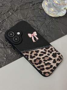 1 pezzo Custodia per telefono con stampa leopardata, fiocco, finitura opaca e pupilla nera anti-caduta, compatibile con Samsung, Apple 16/15/14/13/12/11/XSMAX/X/XS/XR/7PLUS/8PLUS/7/8/S21/22/23/24/25
