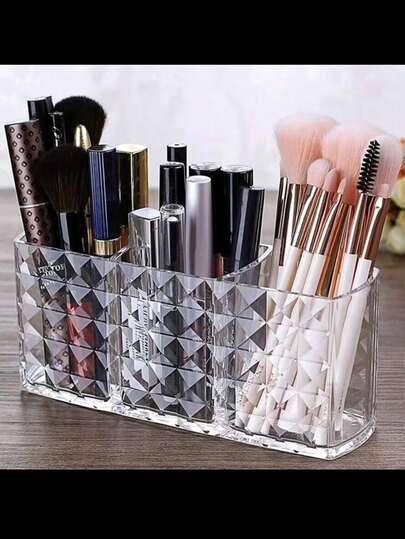 1PC Elegant Clear Acrylic Makeup Organizer With Geometric Design - 3-Compartment Cosmetic Storage Box For Brushes, Eyebrow Pencils & Beauty Essentials, Non-Food Plastic, Makeup Brushes