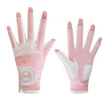 女士超细纤维布 PU 皮革高尔夫手套，透气网眼，防滑，撞色设计 - 粉色 - 查看 9