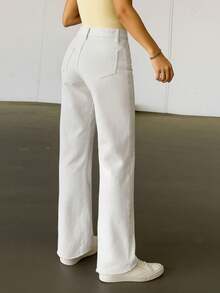 复古美式街头风女式牛仔裤，无弹力直筒牛仔裤，欧美嘻哈风 - 白色 - 查看 4