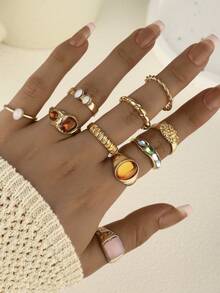 10 件/套法国简约个性化设计金属复古戒指套装，适合派对、礼物、日常佩戴（包括尺码指南，请小心处理） - 彩色 - 查看 8