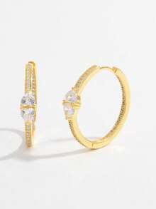 Vaerine 1 Pair Elegant & Romantic Shiny 925 Sterling Silver Cubic Zirconia Heart Design Round Hoop Earrings, Charming Gift For Women On Valentine's Day, Anniversary, Date - Gold - View 5