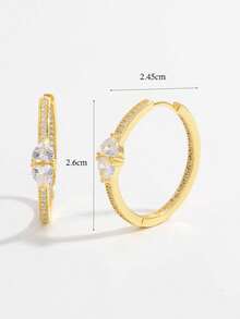 Vaerine 1 Pair Elegant & Romantic Shiny 925 Sterling Silver Cubic Zirconia Heart Design Round Hoop Earrings, Charming Gift For Women On Valentine's Day, Anniversary, Date - Gold - View 3