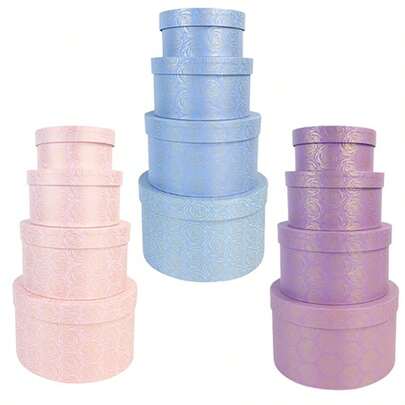 4 صناديق هدايا مطبوعة بطبعات الورود الأنيقة باللون الأزرق والوردي والبنفسجي، مجموعة صناديق تخزين ورقية دائرية بأحجام متعددة بطراز طازج، قابلة للتكديس لتخزين العناصر الصغيرة والهدايا، مناسبة للأعراس والأعياد والمناسبات
