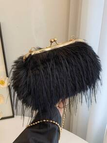 Höst/vinter plysch kuvertväska, moderiktig kedja axel-/crossbody-/handväska för kvällsfest - Svart - Visa 1