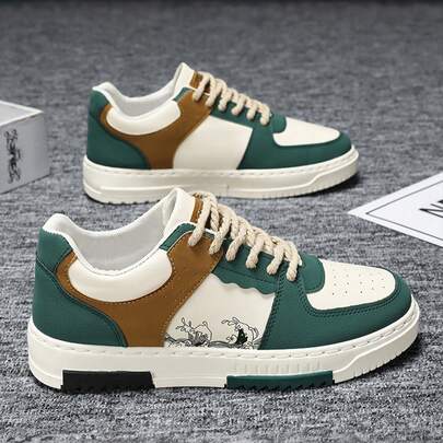 Flipark 男士时尚撞色随机印花系带休闲平底运动鞋，个性化拼接户外休闲运动鞋，情侣鞋