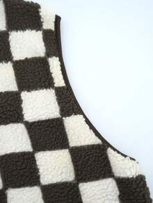 Ins Style Checkerboard Fleece Vest For Women, Cropped Sleeveless Jacket, Retro Square Grid Pattern Loose Waistcoat, Autumn/Winter Black - Black - View 10