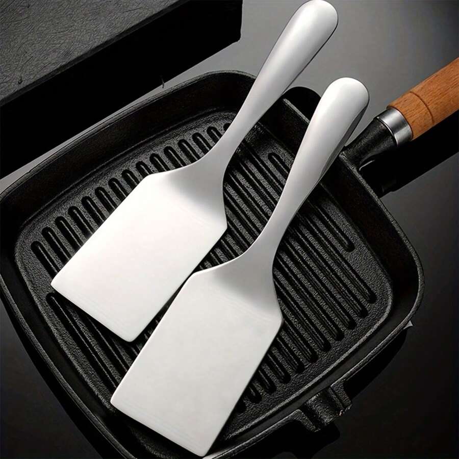 2pcs Stainless Steel Spatula Set - Baking Scraper, Flat Pancake Turner, Burger Flipper, Teppanyaki Spatula, Suitable For Tiramisu, Cookies, Pizza, Grilling, Pancakes, Multi-Functional Cooking Tools - Silver - View 1
