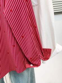 Women's Heart Print Polo Collar Striped Shirt - Casual Button Down Long Sleeve Blouse, Suitable For Spring, Summer, Autumn Daily Wear - Burgundy - View 8