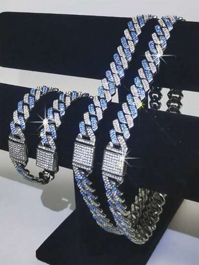 CVNANA 1 件 14 毫米翻蓋男女通用粗鏈項鍊嘻哈風格水晶鑲嵌手鍊