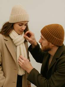 1 件男女通用罗纹缎纹内衬厚针织帽，纯色，保暖翻边滑雪帽，时尚情侣款，秋冬 - 彩色 - 查看 7