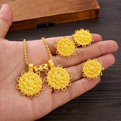 3pcs/Set African Arabian Golden Color Classic Hollow Round Double Pendant Jewelry Set, Earrings, Ring, Necklace Combination Set, Daily Women's Set, Middle East Birthday Party Wedding Engagement Holiday Gift