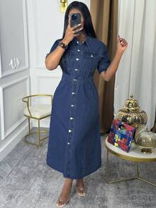 Women's Mid Rise Button Front Midi Denim Dress - Elegant Non-Stretchy For Home Leisure English Product Description (5-Point Format) - Dark Wash - View 3