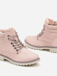 Soft Faux Suede Lace-Up Combat Boots - Women's Casual Winter Boots - Pink - View 6