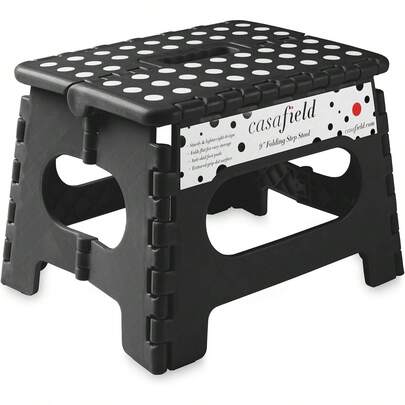 Taburete plegable de 9" con asa, negro - Taburete pequeño de plástico portátil y plegable para niños y adultos - Uso en la cocina, el baño y el dormitorio