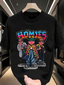 Men's Basic T-Shirt | Homies Graphic Design | 100% Cotton | Soft Comfortable | Best Gift For Men | Suitable For Daily Wear | Unisex Crew Neck Tee | Factory Direct Shipping - 黑色 - 查看 2