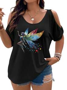 A Fantasy Fairy With Jeweled Wings And Colorful SpheresWomen Cold Shoulder Tops Summer Short Sleeve Shirt Plus Size - 黑色 - 查看 1