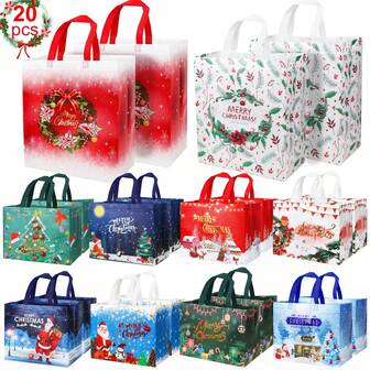 20PCS Christmas Gift Bags Assorted Sizes, Reusable Christmas Tote Bags With Handles Bulk, Large Christmas Bags For Gifts Wrapping Shopping, Non-Woven Christmas Treat Bags For Xmas Party Favors