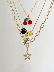 3pcs Leopard & Cherry Necklace Set, 8-Ball Billiard Dice Charm Necklace, Red Cherry Necklace, Fashionable Star Necklace, Classic Leopard Necklace - Bạc - Xem 1
