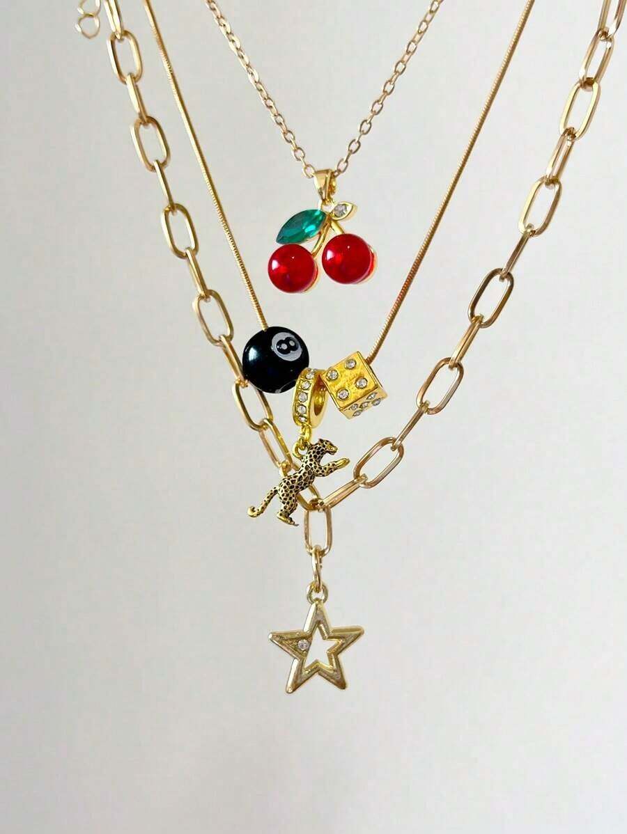 3pcs Leopard & Cherry Necklace Set, 8-Ball Billiard Dice Charm Necklace, Red Cherry Necklace, Fashionable Star Necklace, Classic Leopard Necklace - Bạc - Xem 1
