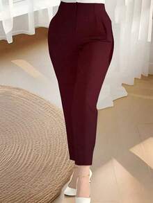 Damen hochwertige Bundfaltenhose in Unifarbe mit hoher Taille und Knöchellänge, Büromode