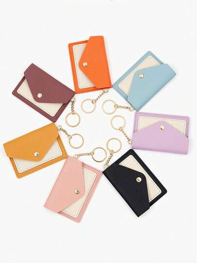 Colorblock Women's Small Card Holder, Candy Color Keychain Accessory, Student Transit Card Wallet