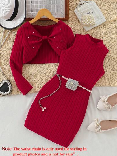 2 件套女童优雅串珠蝴蝶结长袖短款套头衫和酒红色别致立领无袖及膝连衣裙套装，2025 年秋冬