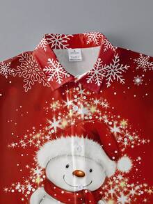 Men's Christmas Theme Long Sleeve Shirt, Red Snowman & Snowflake Print, Turndown Collar Button Front Long Sleeve Casual Festive Shirt For Christmas Party