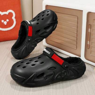 黑色简约毛绒情侣木屐防滑保暖舒适男女木屐秋冬室内日常休闲拖鞋