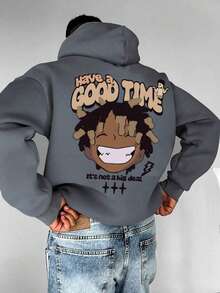 一件青少年男童休闲印花套头卫衣，舒适保暖，带内衬长袖，适合学生，秋冬季穿着。 - 深灰色 - 查看 5