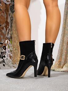 Black Sexy Retro American Classic Boots For Women, 2025 Autumn/Winter New Pointed Toe Warm Lining Boots, Slim Stiletto Soft Leather Slimming Elegant High Heel Ankle Boots, Fashion Versatile One-Buckle Strap Back Zipper