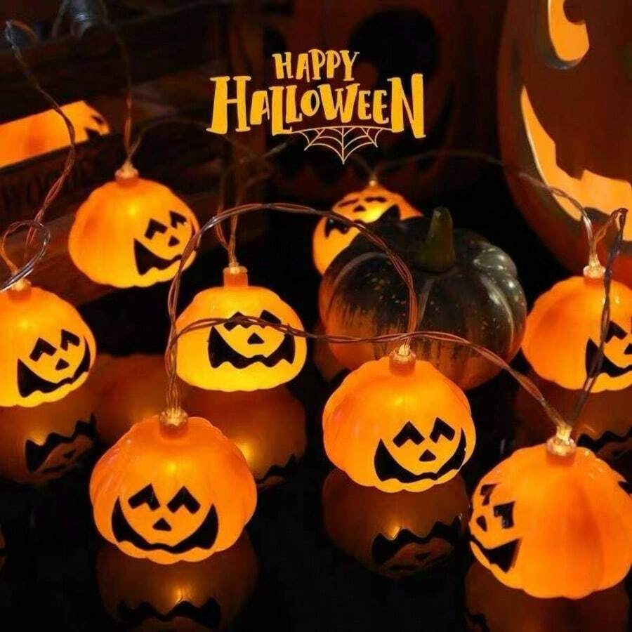 Luces de cadena LED Linterna de calabaza Halloween Calle exterior Cara de fantasma Cara sonriente Luces de decoración de ambiente festivo de fiesta que funcionan con pilas Estilo 1.5 Metros 10