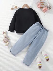 Girls 2pcs Set Star Print Long Sleeve Sweatshirt Cartoon Graffiti Denim Elastic Waist Long Pants Spring Autumn Sweet Casual Outfit - Multicolor - View 3
