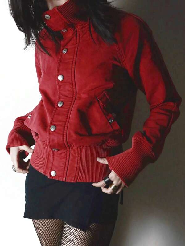 Red Jacket Casual Streetwear Button-Up Stand Collar Coats Going Out Top Fall/Winter Clothes For Women Chic New Year Clothes Y2k Outfit