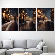 3 pièces Scène de rue enneigée moderne Toiles murales, Impression haute définition avec cadre en option, Convient pour les salons, chambres à coucher, salles de bain, bureaux, cafés, salles de sport, décorations de fête de famille, peintures murales de décoration de la maison, peintures murales de décoration de Noël, cadeaux idéaux pour les amis