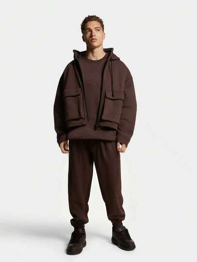 Men's Solid Color Zip Front Hoodie And Sweatpants Casual Tracksuit Set