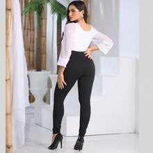 Kit 2 Women's Crepe Pants With Lined Belt Skinny High Waist Formal Pants - 黑與黑 - 查看 3