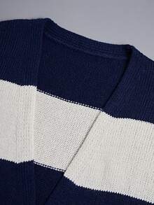 Cárdigan de punto a rayas de manga larga para mujer, con cuello en V profundo y bajo regular, adecuado para vacaciones, citas, escuela, oficina, uso diario, viajes, aeropuerto, otoño/invierno