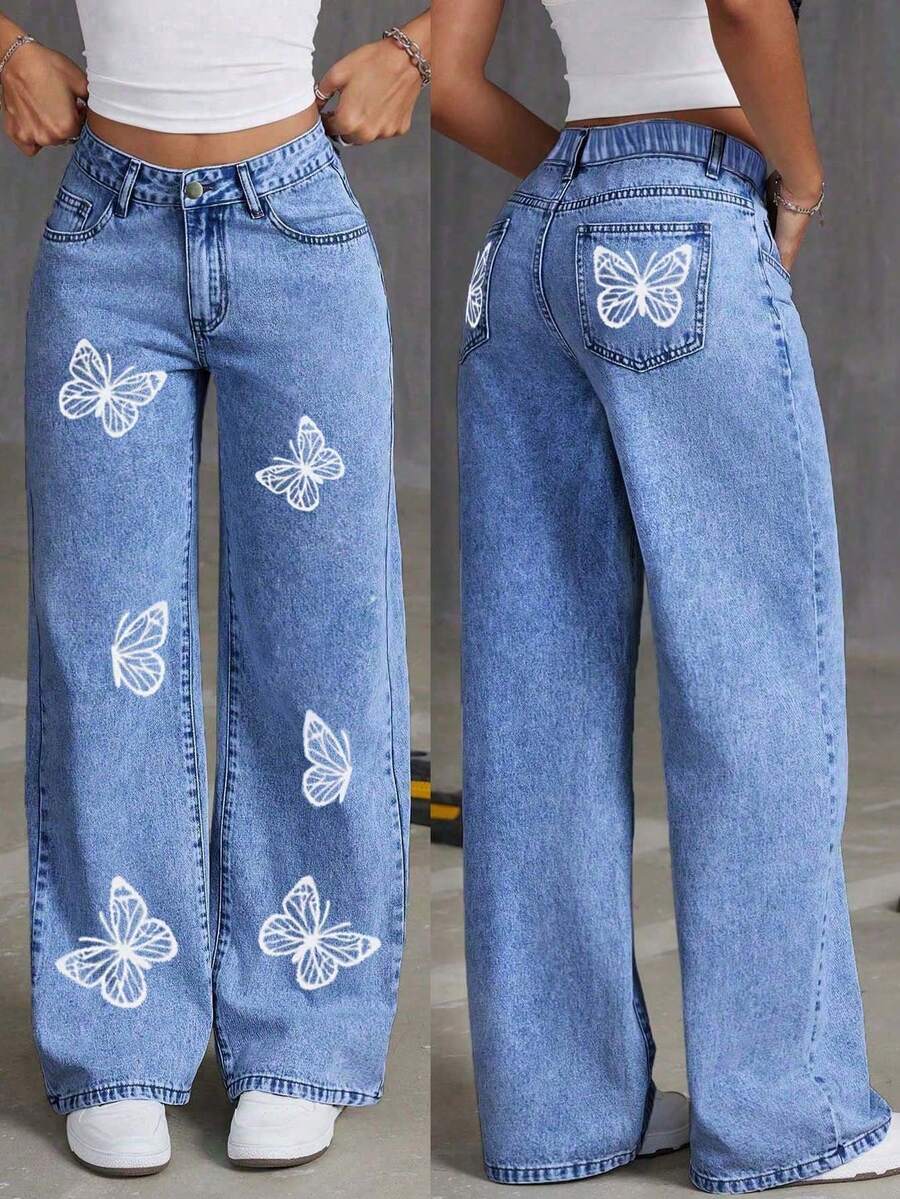 Tween Girl's Wide-Leg Loose Denim Trousers With Butterfly Print And Bow Detail, Comfortable And Fashionable - Medium Wash - View 1
