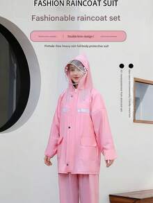 2pcs Women Outdoor Casual Cycling Raincoat + Pants Set, Waterproof Zipper Full Body Motorcycle Rain Gear With Double Visor & Pockets