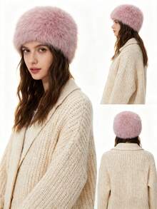 1Pc Women's Solid Color Plush Warm Earmuffs Thick Brim Hat, Winter Korean Style, Suitable For Women's Hair Accessories, Imitation Fox Fur Hat, Resist The Cold And Keep Warm,Women's Solid Color Fluffy Patchwork Thick Warm Fluffy Bucket Hat - Multicolor - View 4