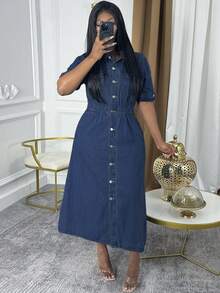 Women's Mid Rise Button Front Midi Denim Dress - Elegant Non-Stretchy For Home Leisure English Product Description (5-Point Format) - Dark Wash - View 1