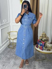 Váy denim midi cạp cao cài nút phía trước dành cho nữ - Thanh lịch, không co giãn, thích hợp mặc ở nhà, giải trí Mô tả sản phẩm bằng tiếng Anh (Định dạng 5 điểm) - Rửa trung bình - Xem 3