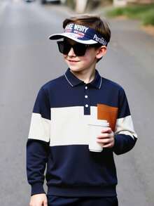 2 件套男童复古拼色长袖 Polo 衫和休闲舒适长裤套装，户外时尚服装