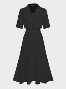 Bộ 2 váy liền thân in họa tiết tiền xu cổ điển kiểu Pháp thanh lịch + áo khoác tay ngắn, bộ đồ hai mảnh tôn dáng - màu đen - Xem 5