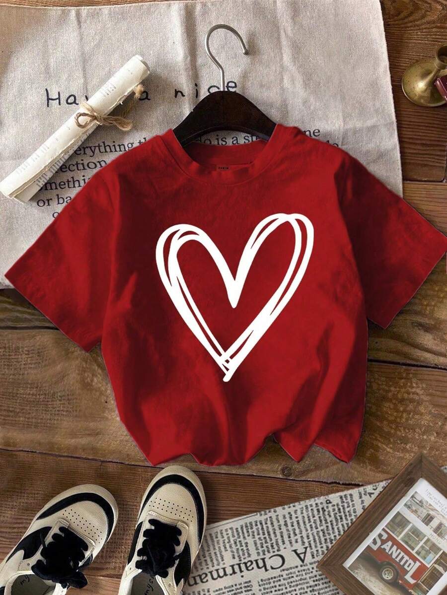 Camiseta playera T-shirt mujer cuello redondo manga corta estampado grafico corazon amor cuello redondo manga corta primavera verano uso diario - Rojo - Ver 1