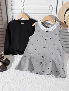 2pcs Set: Floral Lace Trim Solid Color Long Sleeve T-Shirt And Bow Print Sleeveless Midi Dress, Suitable For Outdoor, Casual Daily Wear - Black - View 1