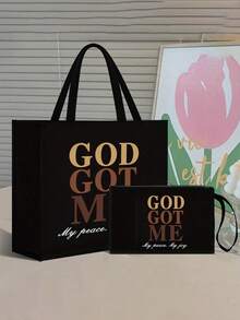 时尚印花托特包套装，大容量休闲手提包，带抽绳的收纳袋，圣诞礼物，女士亚麻大容量手提包，大容量手提包套装，可单肩背，女神大容量多功能手提包 - 彩色 - 查看 13